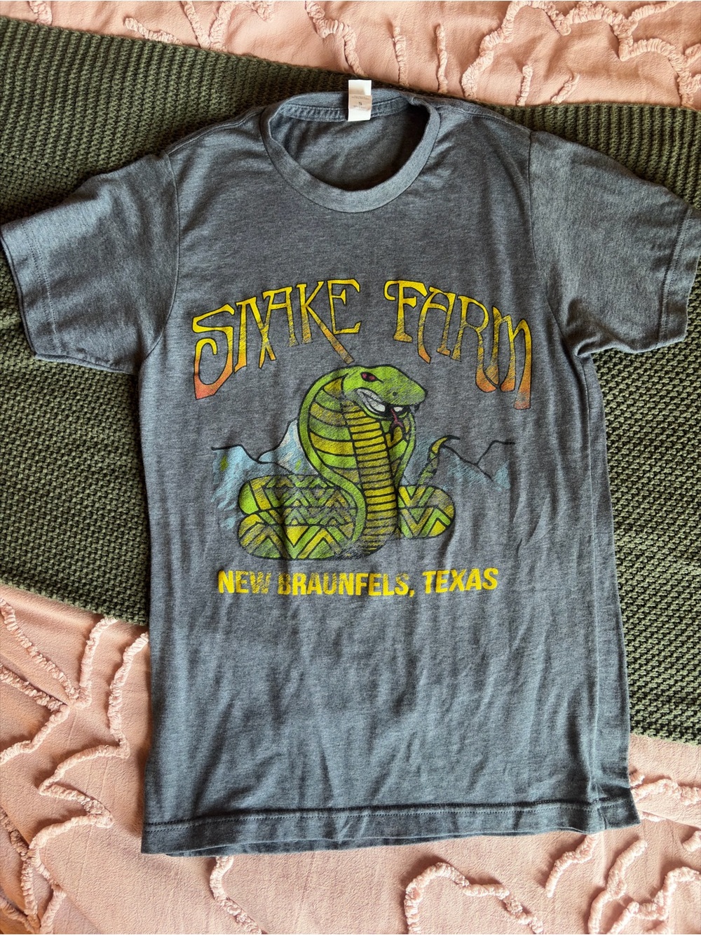 Snake Farm New Braunfels Texas Graphic T-Shirt - Gray with Yellow/Green Print